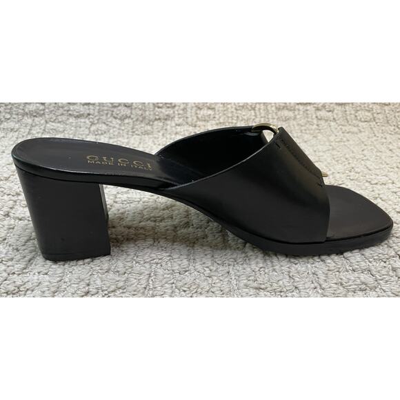 Gucci Black Leather Gold Buckle Slides Mules 9 Box EUC Sandals Shoes COA - Picture 4 of 16